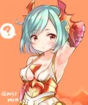  1girl :o ? arm_up armpits blue_hair blush breasts dress horns marshmallow_mille medium_breasts puzzle_&amp;_dragons red_eyes saria_(p&amp;d) short_hair solo spoken_question_mark twitter_username upper_body 