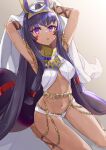  1girl :o absurdres arms_up ass_visible_through_thighs bangs barefoot belly_chain breasts chain dark_skin datyun earrings eyebrows_visible_through_hair fate/grand_order fate_(series) full_body hair_ribbon hair_tubes highres hoop_earrings jewelry long_hair looking_at_viewer low-tied_long_hair medium_breasts navel nitocris_(fate) open_mouth purple_hair ribbon seiza simple_background single_earring sitting solo stomach thighs very_long_hair violet_eyes 
