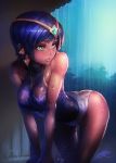  1girl adapted_costume artist_name ass backlighting bare_arms bare_legs bare_shoulders bent_over blue_hair blue_leotard blush breast_squeeze breasts dark_skin emerald gem green_eyes headpiece highres karma_(league_of_legends) league_of_legends leotard medium_breasts parted_lips phantom_ix_row rain red_lips see-through short_hair signature sleeveless thigh_gap water water_drop wet wet_clothes 