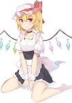  1girl absurdres alternate_costume apron barefoot black_skirt blonde_hair blush choker closed_mouth collarbone commentary_request emushake enmaided flandre_scarlet frilled_skirt frills highres looking_at_viewer maid puffy_short_sleeves puffy_sleeves red_eyes short_sleeves simple_background sitting skirt smile solo touhou v_arms wariza white_background wings wrist_cuffs 
