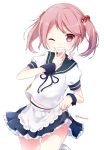  1girl apron badge grin hair_bobbles hair_ornament highres kantai_collection kida_mochi one_eye_closed pink_eyes pink_hair remodel_(kantai_collection) sazanami_(kantai_collection) school_uniform serafuku short_hair skirt skirt_lift smile twintails wrist_cuffs 