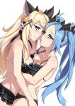  2girls :o arm_around_waist bangs blonde_hair blue_eyes blue_hair blush bow breast_press breasts cheek-to-cheek dutch_angle eyebrows eyebrows_visible_through_hair eyelashes from_side hair_bow hair_ornament hair_ribbon hairband hand_on_another&#039;s_back highres horns hug idunn_&amp;_idunna large_breasts long_hair looking_at_viewer multiple_girls parted_bangs puzzle_&amp;_dragons ribbon simple_background swept_bangs symmetrical_docking twintails upper_body wada_masanori white_background 