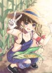  1girl bare_shoulders bikini_top black_bikini_top blue_eyes blush brown_hair collarbone corn cornfield food gloves hat highres looking_at_viewer open_mouth original overalls shoes smile sneakers solo squatting straw_hat torn_overalls twintails v wavy_hair white_gloves yana_mori 