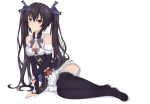  1girl bare_shoulders black_hair breasts hair_ornament harami highres long_hair looking_at_viewer neptune_(series) noire red_eyes ribbon solo thigh-highs twintails 