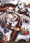  1girl absurdres artist_request breasts cleavage cup dress enemy_aircraft_(kantai_collection) highres horns kantai_collection large_breasts long_hair midway_hime orange_eyes solo sugar_cube tea teacup very_long_hair white_hair 