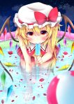  1girl all_fours ascot blonde_hair blush bow crystal flandre_scarlet flat_chest flower hat hat_bow highres mob_cap mouth_hold night popsicle red_eyes rose sisterakuma solo touhou wading wading_pool wings 