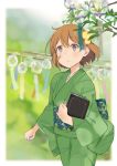  1girl artist_name bandaid bandaid_on_face blush book brown_eyes hair_between_eyes hair_ornament holding holding_book japanese_clothes kantai_collection kimono light_brown_hair long_sleeves obi oboro_(kantai_collection) plant sash short_hair solo ume_(plumblossom) wide_sleeves wind_chime yukata 