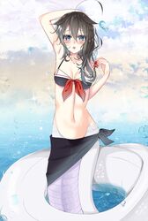  1girl arm_up bare_shoulders bikini bikini_top black_bikini_top black_hair blue_eyes blush breasts clouds cloudy_sky front-tie_top groin hair_between_eyes hair_flaps hair_over_shoulder heart highres holding_ring kantai_collection lamia lips long_hair looking_at_viewer medium_breasts monster_girl monster_girl_encyclopedia navel paundo2 remodel_(kantai_collection) sarong shigure_(kantai_collection) shirohebi_(monster_girl_encyclopedia) sky snake solo sparkle swimsuit water 