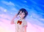  1girl black_hair brown_eyes copyright_name hair_ribbon highres kimi_no_na_wa miyamizu_mitsuha ribbon sasaki2020 school_uniform short_hair tears 