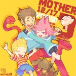  1girl 2boys artist_name bandana belt bike_shorts blonde_hair boney boots brown_hair closed_eyes dated doseisan duster_(mother) facial_hair fingerless_gloves gloves hood hoodie kumatora looking_at_viewer lucas messy_hair mother_(game) mother_3 multiple_boys mysticotoe one_eye_closed pants pink_eyes pink_hair rope_snake scratching short_hair shorts striped text 