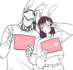  1boy 1girl alternate_costume animal_ears blush closed_eyes crop_top cyborg d.va_(overwatch) facepaint facial_mark fake_animal_ears genji_(overwatch) hand_up headband helmet holding long_hair long_sleeves navel overwatch power_armor ppu_ rabbit_ears shirt short_hair short_sleeves shorts simple_background smile spot_color sweatdrop upper_body v veil whisker_markings white_background 