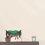  1girl :3 animal_ears brown_hair cat_ears chen comic cup drinking_glass flat_color hat jewelry lowres mob_cap robin_(unlimited_world) single_earring solo table touhou 
