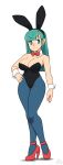  1girl animal_ears blue_hair bow bowtie breasts bulma bunnysuit cleavage detached_collar dragon_ball full_body hand_on_hip high_heels highres looking_to_the_side mr._steaks pantyhose rabbit_ears solo wrist_cuffs 