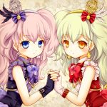  2girls aidi_(otoca_d&#039;or) blonde_hair blue_eyes bow brooch cage corset earrings es_(otoca_d&#039;or) expressionless frills hair_bow holding_hands jewelry long_hair looking_at_viewer mashiro_(pixiv10823726) multiple_girls otoca_d&#039;or pink_hair purple_bow red_bow symmetry two_side_up upper_body yellow_eyes 