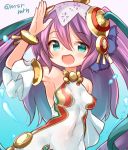  1girl :d armpits blush bracelet covered_navel detached_sleeves hair_ribbon jewelry lakshmi_(p&amp;d) long_hair marshmallow_mille open_mouth purple_hair puzzle_&amp;_dragons ribbon smile solo twitter_username two_side_up upper_body very_long_hair 