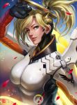  1girl blonde_hair blue_eyes bodysuit breasts high_ponytail highres lips long_hair mechanical_halo mechanical_wings mercy_(overwatch) overwatch petals rose_petals soffa solo wings 
