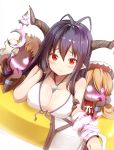  1girl antenna_hair bikini black_hair breasts cleavage collarbone commentary_request danua granblue_fantasy gretel_(granblue_fantasy) hansel_(granblue_fantasy) hilo_(joy_hero) horns jewelry long_hair looking_at_viewer necklace pointy_ears red_eyes swimsuit white_background white_bikini 