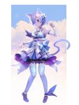  1girl :&lt; animal_ears ankle_ribbon bare_shoulders black_legwear blue_eyes blue_hair blue_legwear blue_shoes bow cat_ears cat_tail collar cosplay detached_sleeves dress felix_argyle felix_argyle_(cosplay) full_body hair_bow hair_ornament hair_over_one_eye highres kemonomimi_mode looking_at_viewer pantyhose paw_pose re:zero_kara_hajimeru_isekai_seikatsu rem_(re:zero) ribbon shoes short_hair solo standing striped tail thigh-highs thighhighs_over_pantyhose vertical_stripes x_hair_ornament 