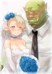  1girl bare_shoulders black_necktie blonde_hair blue_rose blush bouquet breasts bride choker cleavage closed_eyes collarbone collared_shirt dress earrings elbow_gloves elf flower full-face_blush gloves grin groom hair_flower hair_ornament holding holding_bouquet holding_flower jewelry looking_at_viewer medium_breasts naso4 necktie nose_ring orc original pointy_ears rose shirt short_hair smile strapless strapless_dress stud_earrings teeth upper_body veil wedding_dress white_dress white_gloves wing_collar yellow_eyes yellow_teeth 