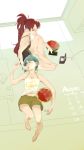  2girls absurdres artist_request bare_shoulders blue_hair calendar casual commentary_request food fruit handheld_game_console highres lap_pillow long_hair mahou_shoujo_madoka_magica miki_sayaka multiple_girls nintendo_ds ponytail red_eyes redhead sakura_kyouko shorts sleeping spoon watermelon yuri 