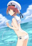  1girl 3: arm_at_side artist_name ass bikini black_ribbon blurry breasts brown_eyes brown_hair butt_crack clouds cloudy_sky cowboy_shot depth_of_field embarrassed from_side hand_on_own_chest hat kantai_collection kotanuki_(kotanukiya) lips looking_at_viewer ocean ribbon sailor_bikini sailor_collar sailor_hat short_hair signature sky small_breasts swimsuit thighs untied untied_bikini white_bikini white_hat z3_max_schultz_(kantai_collection) 