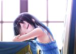  1girl alternate_costume asashio_(kantai_collection) black_hair blue_dress blurry casual chair closed_eyes depth_of_field desk dress gotou_hisashi highres kantai_collection long_hair sleeping solo spaghetti_strap window 