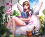  1girl 2016 bag_of_chips bangs bare_legs barefoot bean_bag_chair box_(hotpppink) breasts brown_eyes brown_hair bubblegum character_doll controller crop_top crop_top_overhang d.va_(overwatch) dated doll doritos emblem facial_mark game_controller holding legs lens_flare long_hair looking_at_viewer mei_(overwatch) midriff overwatch philodendron plant poster_(object) short_shorts short_sleeves shorts sitting solo thighs 