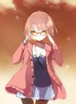  1girl adjusting_glasses ahoge blazer blue_shirt blue_skirt blush brown_eyes brown_legwear buttons cardigan cowboy_shot glasses jacket kuriyama_mirai kyoukai_no_kanata long_sleeves lp_(hamasa00) open_clothes open_jacket orange_hair pantyhose pink_jacket red-framed_eyewear school_uniform serafuku shirt short_hair skirt smile solo thigh_gap unbuttoned 