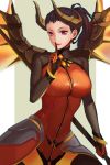  1girl alternate_costume black_hair bodysuit breasts cowboy_shot dark_persona demon_horns devil_mercy facial_mark faulds finger_to_mouth forehead_mark gaoyang_ou_nisang gloves highres holding holding_staff horns index_finger_raised large_breasts light_smile looking_at_viewer mechanical_wings mercy_(overwatch) olive_background orange_wings outline overwatch ponytail shushing solo spread_wings staff striped upper_body vertical-striped_background vertical_stripes violet_eyes white_background wings 
