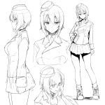  1girl boots breasts character_sheet contrapposto cowboy_shot expressionless garrison_cap girls_und_panzer greyscale hand_on_hip harukon_(halcon) hat highres large_breasts monochrome nishizumi_maho open_mouth profile short_hair sketch solo white_background 