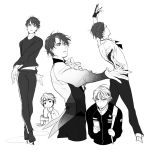  1boy cellphone costume figure_skating gloves greyscale headphones ice_skates jacket lee_seung-gil male_focus monochrome multiple_views phone skates smartphone sonnet_form yuri!!!_on_ice 