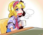 1girl alice_margatroid ascot blonde_hair blue_eyes blue_vest blush capelet chair commentary_request cup frills hairband lolita_hairband mug open_mouth puffy_short_sleeves puffy_sleeves shinapuu short_hair short_sleeves sitting smile solo steam table touhou wing_collar wrist_cuffs 