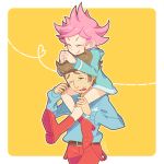  1boy 1girl artist_name belt bike_shorts boots brown_hair carrying closed_eyes duster_(mother) facial_hair fingerless_gloves gloves heart hood hoodie kumatora messy_hair mother_(game) mother_3 mysticotoe one_eye_closed pants pink_eyes pink_hair short_hair shoulder_carry simple_background 