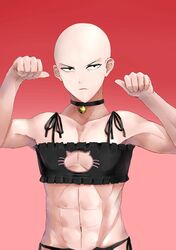  1boy abs absurdres bald bell bell_choker black_bra black_eyes black_panties bra cat_cutout cat_ear_panties cat_lingerie choker cleavage_cutout collarbone crossdressinging highres looking_at_viewer male male_focus mayonaisu navel onepunch_man panties paw_pose red_background saitama_(onepunch_man) side-tie_panties solo underwear underwear_only upper_body 