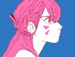  1girl alternate_hairstyle bare_shoulders blue_background braid closed_mouth d.va_(overwatch) facepaint facial_mark french_braid from_side hu_(saimens) long_hair overwatch pink_eyes pink_hair pink_lips profile simple_background solo spot_color whisker_markings 