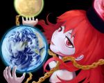  1girl bare_shoulders black_background blush chain earth hecatia_lapislazuli highres lips long_hair maa_(maa1) moon pale_skin polos_crown red_eyes redhead reflection touhou 