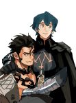  2boys absurdres balthus_(fire_emblem) black_hair blue_hair byleth_(fire_emblem) byleth_eisner_(male) cape carrying chain closed_mouth fire_emblem fire_emblem:_three_houses highres kendy_(revolocities) male_focus multiple_boys sideburns simple_background smile white_background yaoi 