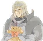  1boy armor blonde_hair blush bow crying fire_emblem fire_emblem_if gauntlets gloves hair_between_eyes ignis_(fire_emblem_if) kannawataame long_hair simple_background stuffed_animal stuffed_toy teddy_bear upper_body white_background 