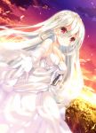  1girl bare_shoulders book braid breasts cleavage clouds cloudy_sky crown_braid dress gloves holding holding_book long_hair looking_at_viewer medium_breasts original outdoors outstretched_arm p19 reaching red_eyes silver_hair sky smile solo twilight white_dress white_gloves wind 