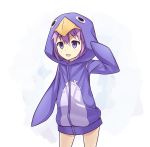  1girl animal_costume bird cyan_aeolin disgaea highres neptune_(choujigen_game_neptune) neptune_(series) penguin penguin_costume prinny prinny_(cosplay) purple_hair short_hair smile violet_eyes 