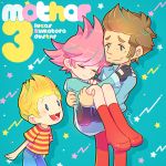 1girl 2boys artist_name belt bike_shorts blonde_hair blue_eyes boots brown_hair carrying closed_eyes duster_(mother) facial_hair fingerless_gloves gloves hand_on_another&#039;s_shoulder hood hoodie kumatora lucas messy_hair mother_(game) mother_3 multiple_boys mysticotoe pants pink_eyes pink_hair princess_carry short_hair shorts star striped wavy_mouth 