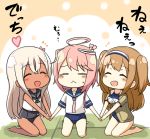  3girls :&lt; =_= ^_^ ahoge blush_stickers brown_hair chibi closed_eyes commentary engiyoshi hair_ornament hairband holding_hands i-26_(kantai_collection) i-58_(kantai_collection) jacket kantai_collection kneeling long_hair multiple_girls name_tag pink_hair ro-500_(kantai_collection) school_swimsuit school_uniform serafuku short_hair silver_hair sweat swimsuit swimsuit_under_clothes tan tatami translated two_side_up 