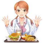  1girl blush breasts brown_eyes brown_hair chicken_nuggets cleavage doughnut drill_hair drink fast_food food french_fries hamburger houjou_karen idolmaster idolmaster_cinderella_girls jewelry kazu long_hair necklace open_mouth school_uniform simple_background smile solo twin_drills twintails upper_body 