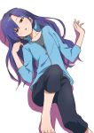  1girl absurdres barefoot blue_hair capri_pants highres idolmaster jacket kisaragi_chihaya long_hair looking_at_viewer lying on_back pants parted_lips red_eyes simple_background solo white_background yamamoto_souichirou 