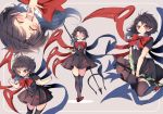  1girl asymmetrical_wings black_hair black_legwear blush forbidden_scrollery houjuu_nue laughing long_hair open_mouth piyokichi pointy_ears polearm red_eyes skirt_hold snake solo thigh-highs touhou trident weapon wings zettai_ryouiki 