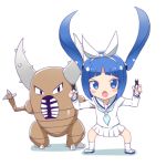  &gt;:o 1girl :o bangs blue_eyes blue_hair blunt_bangs blush_stickers claws hairband long_hair long_sleeves looking_at_viewer lowres nipa-ko open_mouth pinsir pokemon pokemon_(creature) sailor school_uniform serafuku simple_background skirt spikes teeth twintails ultimate_nipper white_background white_legwear white_skirt yuto_(dialique) 