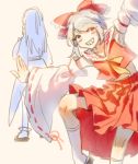  1girl absurdres androgynous bow coat cosplay costume_switch crossover detached_sleeves grey_eyes hair_bow hair_tubes hakurei_reimu hakurei_reimu_(cosplay) highres houren_yabusame houren_yabusame_(cosplay) len&#039;en short_hair short_hair_with_long_locks silver_hair smile touhou trait_connection wei_li 