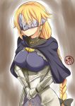  1girl armor blonde_hair blush braid breasts cosplay dark_souls dark_souls_iii earrings fate/apocrypha fate/grand_order fate_(series) fire_keeper fire_keeper_(cosplay) gauntlets helmet jewelry long_hair ruler_(fate/apocrypha) setia_pradipta smile solo souls_(from_software) very_long_hair 