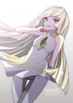  1girl artist_name bare_shoulders blonde_hair dress dress_lift dutch_angle finger_to_mouth green_eyes leggings long_hair looking_at_viewer lusamine_(pokemon) poke_ball pokemon pokemon_(game) pokemon_sm saruei smile solo very_long_hair wind wind_lift 