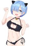  1girl absurdres animal_ears bell bell_collar black_bra black_panties blue_eyes blue_hair bra breasts c.c cat_cutout cat_ear_panties cat_ears cat_lingerie cleavage cleavage_cutout collar collarbone fang hair_over_one_eye highres looking_at_viewer medium_breasts navel open_mouth panties paw_pose re:zero_kara_hajimeru_isekai_seikatsu rem_(re:zero) short_hair side-tie_panties simple_background solo underwear underwear_only white_background 